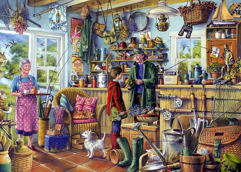 The Fishing Shed, shop, people, utensils, painting, armchair, artwork, dog, HD wallpaper