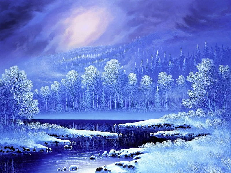 ★Memories in Blue★, sun, attractions in dreams, bonito, xmas and new year, paintings, rivers, blue, lovely, white trees, colors, love four seasons, creative pre-made, winter, cool, purple, snow, nature, HD wallpaper