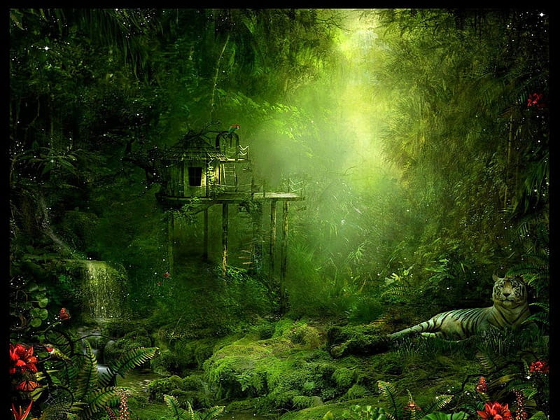 THE JUNGLE, forest, green, jungle, flowers, tiger, tree house, HD wallpaper
