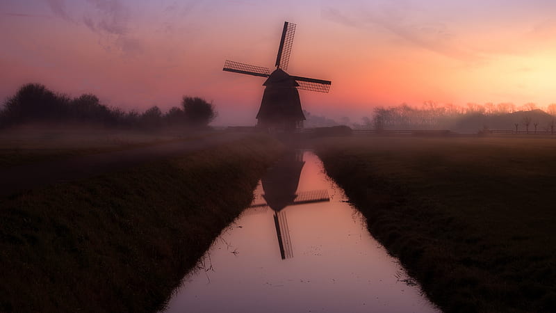Nederland Windmill During Sunset With Reflection On Body Of Water Nature, HD wallpaper