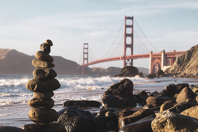 cairn stones and Golden Gate Bridge, USA, HD wallpaper