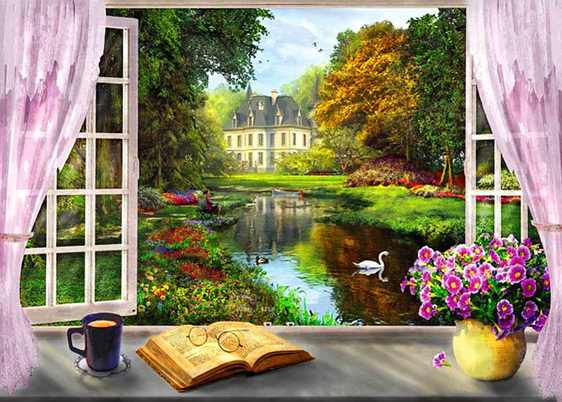 Lounge, pretty, house, cottage, home, book, bonito, painting, flowers, river, morning, art, window, view, spring, freshness, seans, summer, HD wallpaper