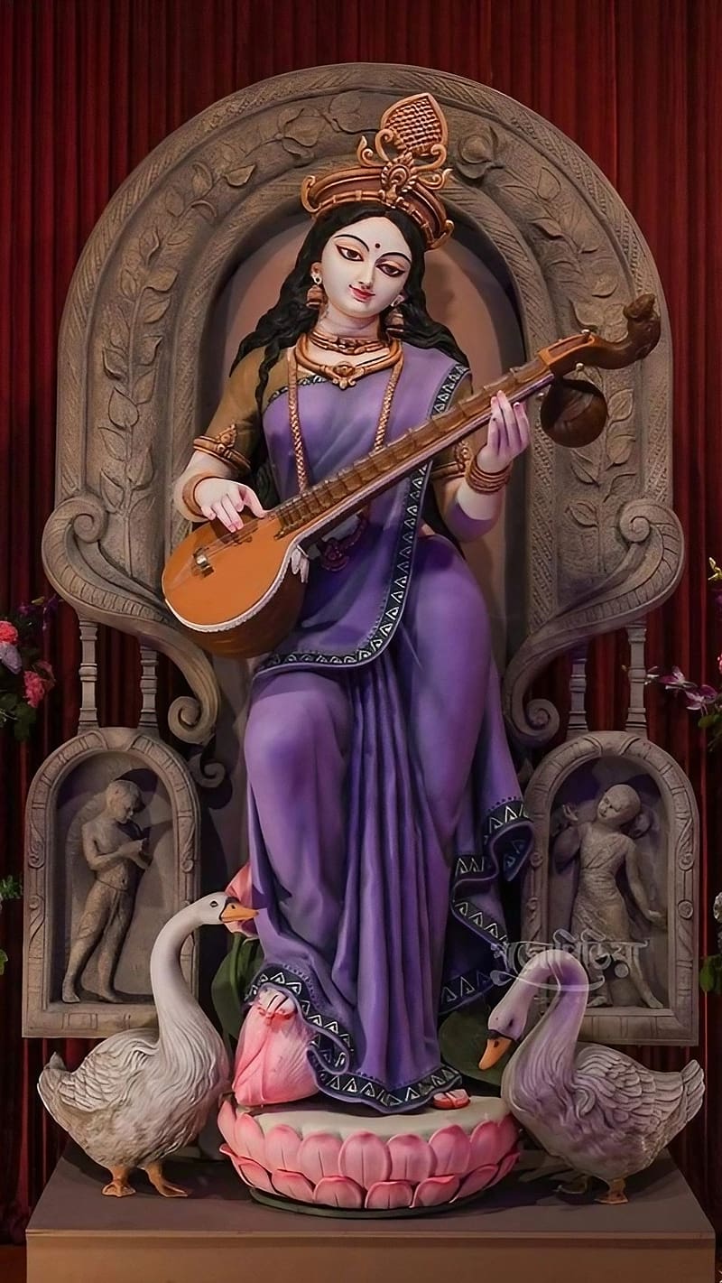Saraswati Mata Ke, Statue, maa saraswati statue, goddess, HD phone wallpaper
