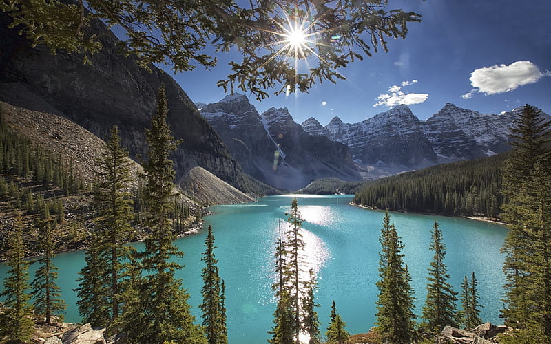 mountain lake, glacier lake, forest, mountains, Canada, Moraine Lake, Alberta, HD wallpaper