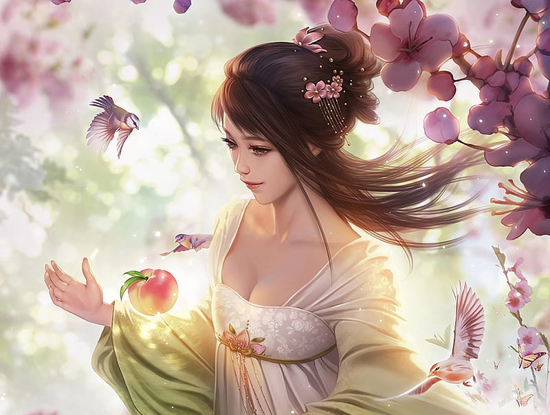 Beauty, apple, sakura, frumusete, luminos, pasare, fruit, fantasy, zolaida, girl, bird, hand, asian, pink, HD wallpaper