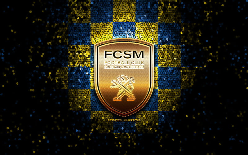 Sochaux FC, glitter logo, Ligue 2, blue yellow checkered background, soccer, french football club, Sochaux logo, mosaic art, football, FC Sochaux-Montbeliard, HD wallpaper
