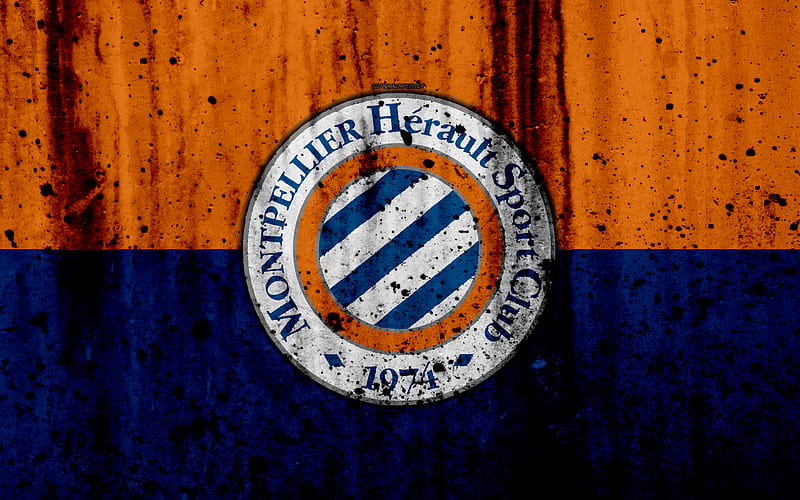 FC Montpellier logo, Ligue 1, stone texture, Montpellier, grunge, soccer, football club, metal texture, Liga 1, Montpellier FC, HD wallpaper