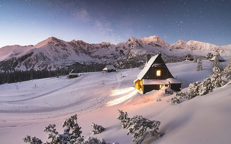 Winter in Tatry, Poland, huts, snow, mountains, Poland, winter, Tatry, HD wallpaper