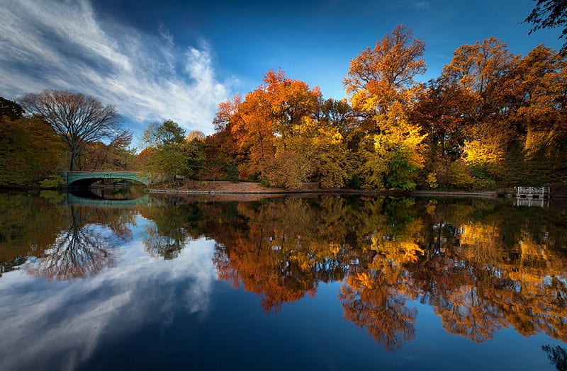 Reflection of Lake, autumn, stone, bridge, reflection, clouds, sky ...