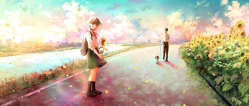 Anime couple, walking, pet, river, scenic, flowers, school uniform, romance,  HD wallpaper | Peakpx