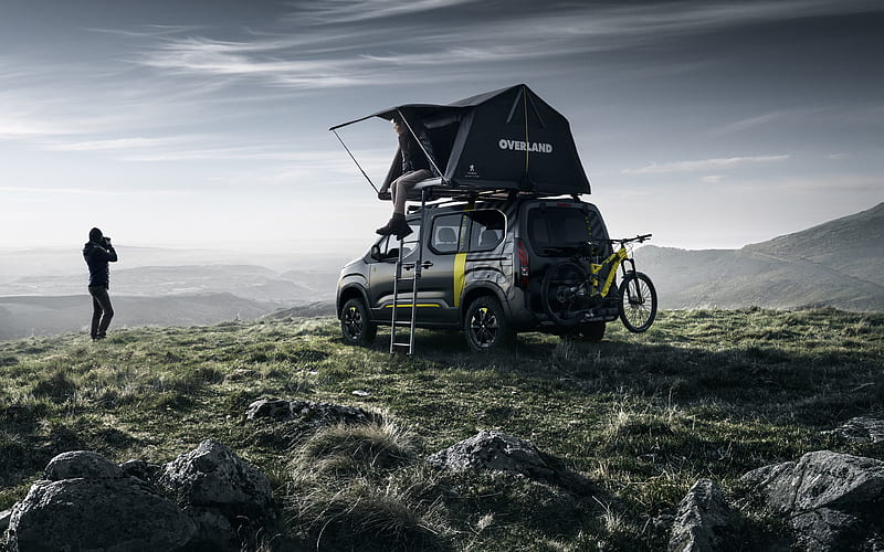 Peugeot Rifter, 2018, travel by car, tent on the roof, tuning, mountains, new black Rifter, Peugeot, HD wallpaper