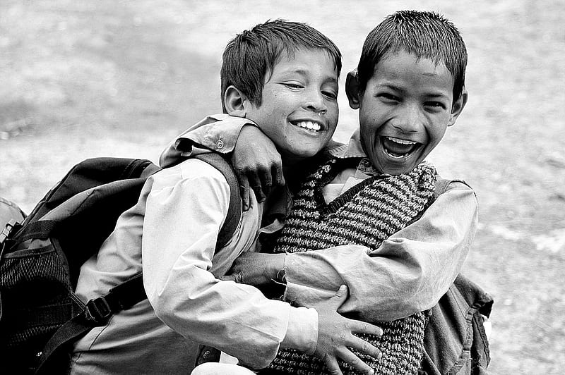 grayscale graphy of two boys hugging while laughing, HD wallpaper