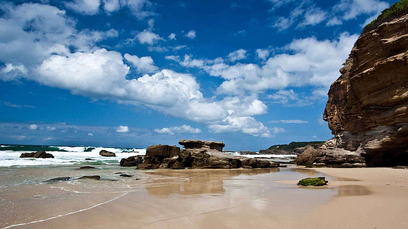 Stone Rocks On Beach Sand Under Blue White Cloudy Sky With Ocean Waves Beach, HD wallpaper