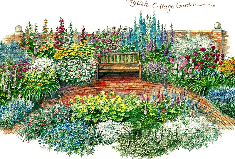 English Cottage Garden F, art, English, romance, artwork, floral, love, painting, wide screen, flower, beauty, garden, HD wallpaper