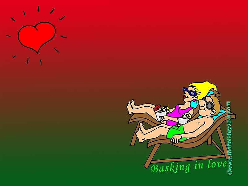 Basking in love, animated, love, red heart, sunloungers, couple, HD wallpaper