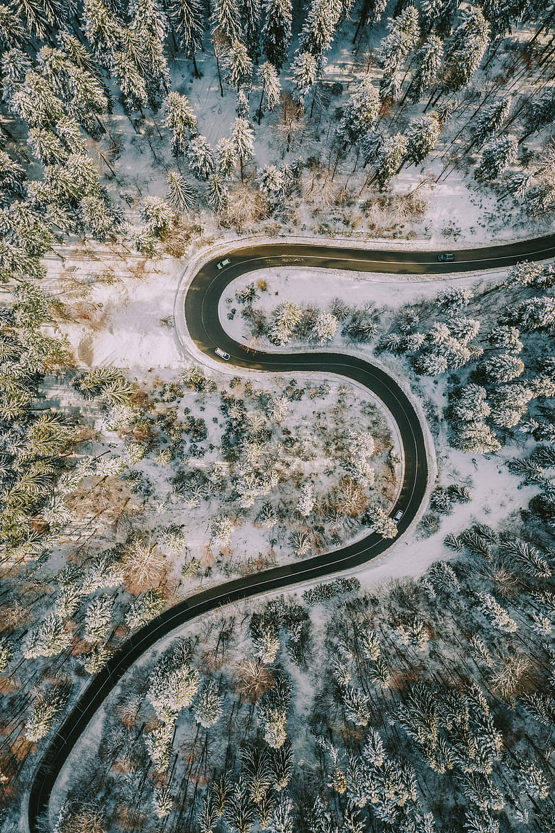 aerial view of road in the middle of snow covered ground, HD phone wallpaper