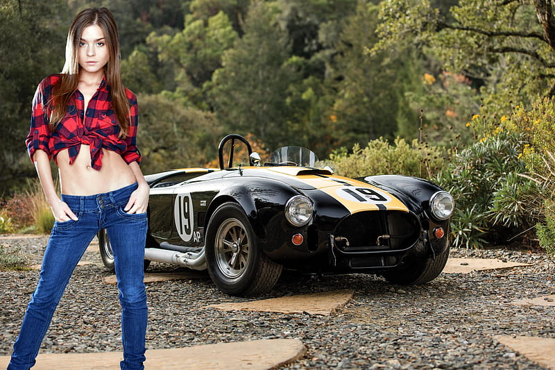 Raisa with a Ford Cobra, model, jeans, car, blonde, cobra, HD wallpaper