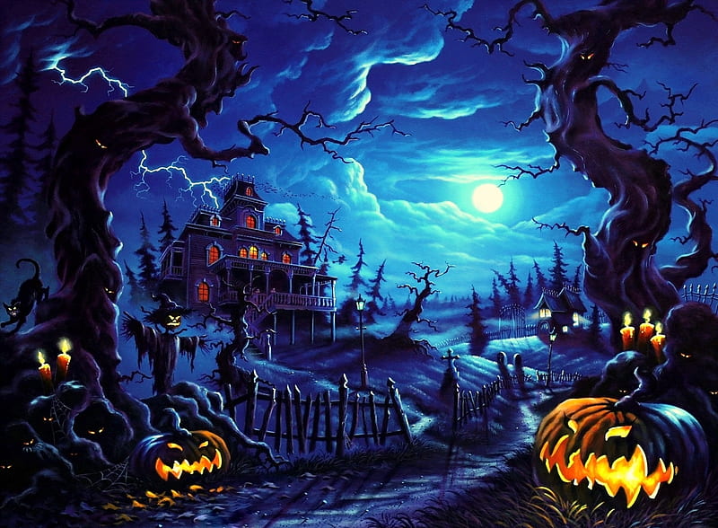 Fright Night of Halloween, moons, fall season, autumn, holiday, haunted  house, HD wallpaper | Peakpx