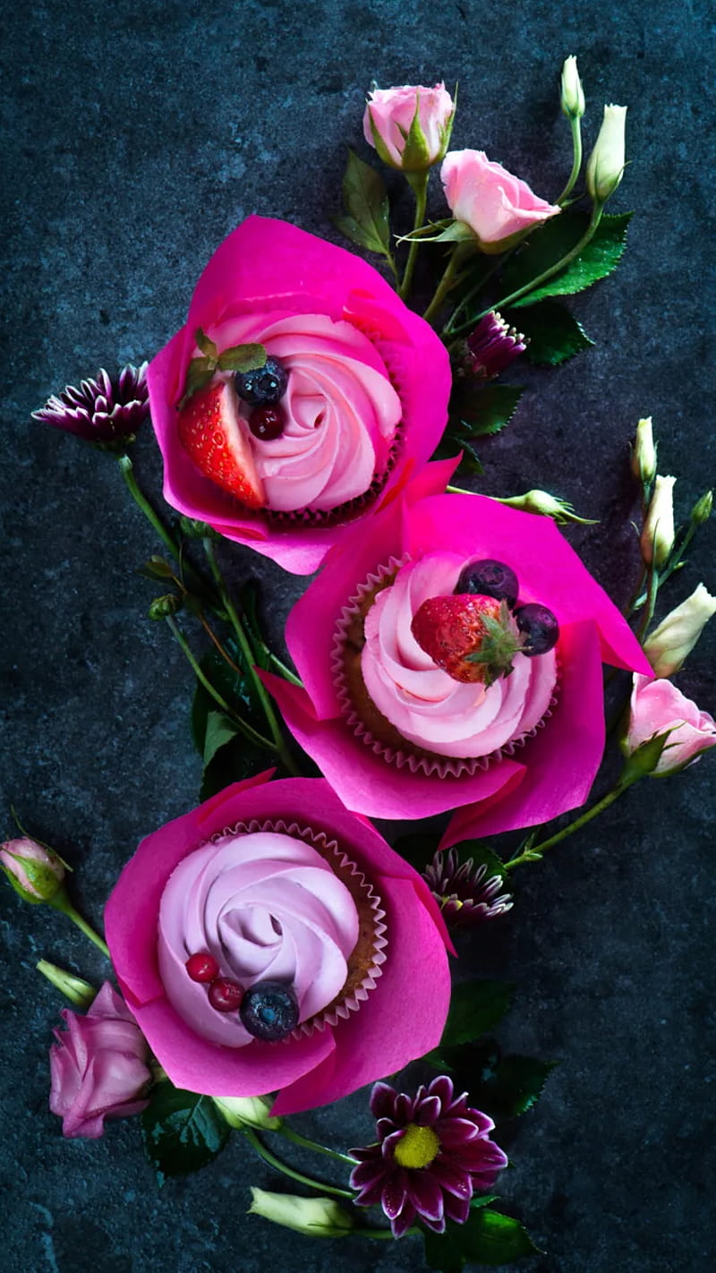Cakes, rose, flowers, roses, pink, cream, food, desenho, HD phone wallpaper