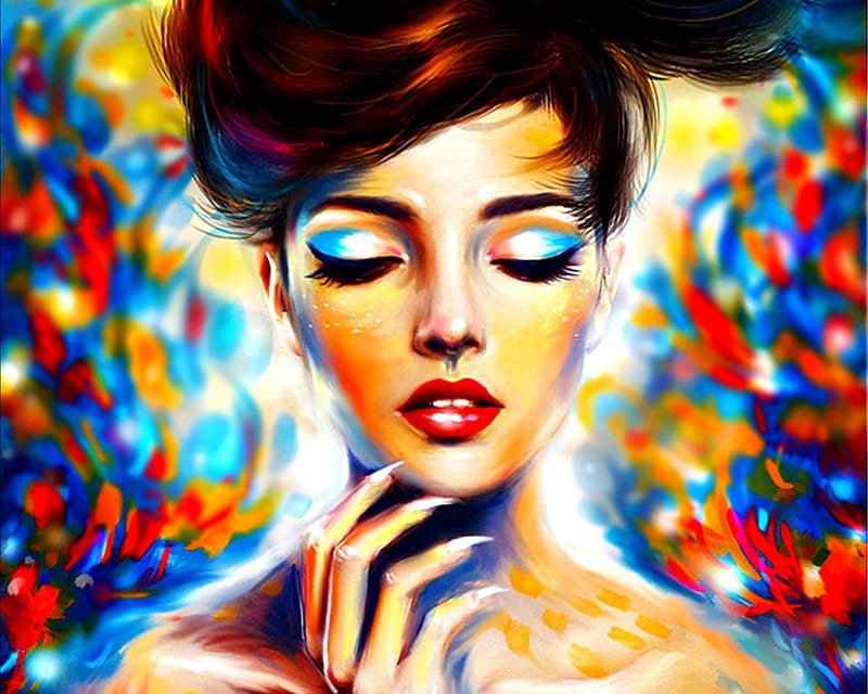 Sunshine splash, red, colorful, luminos, yellow, woman, girl, painting, kanamm, face, pictura, blue, HD wallpaper