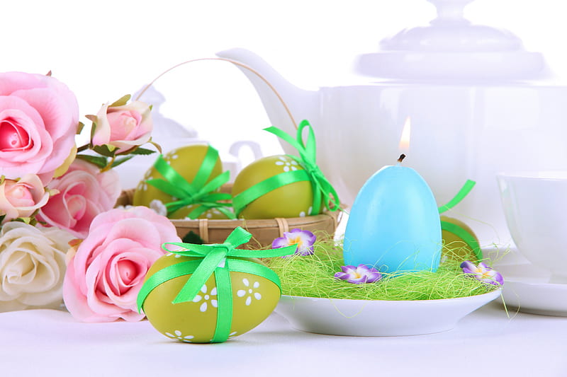 Beautiful arrangement, candle, table, holidays, decoration, ribbon, roses, Easter, special days, eggs, flowers, blue, HD wallpaper