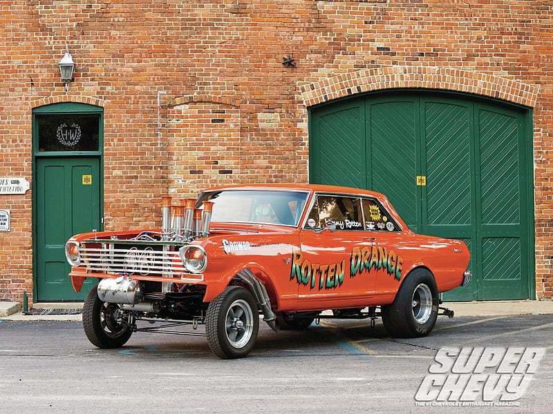Chevy II Gasser, Classic, GM, Rotten Orange, Pipes, HD wallpaper