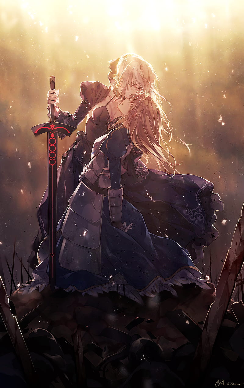 Fate Series, Fate/Stay Night, anime girls, Saber, Saber Alter, Arturia Pendragon, fate/stay night: heaven's feel, FGO, fantasy weapon, fantasy armor, girls with swords, blond hair, long hair, black dress, HD phone wallpaper