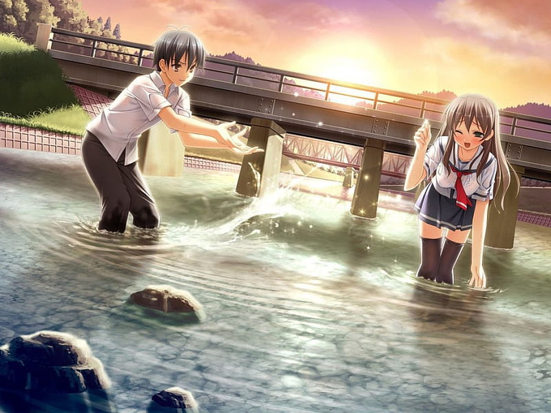 Falling in love.while playing the water, sunset, water, anime, love, HD wallpaper
