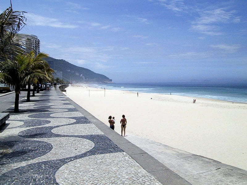 beach, Copacabana, brazil, blue, rio de janeiro, calcadao, areia, copacabana, ceu, beach, HD wallpaper