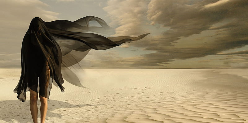 Desolation, fantasy, sand, female, desert, model, sky, HD wallpaper