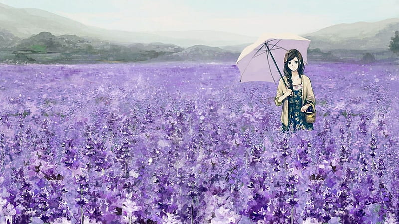 Anime girl, purple hair, flowers, umbrella, Anime, HD wallpaper | Peakpx