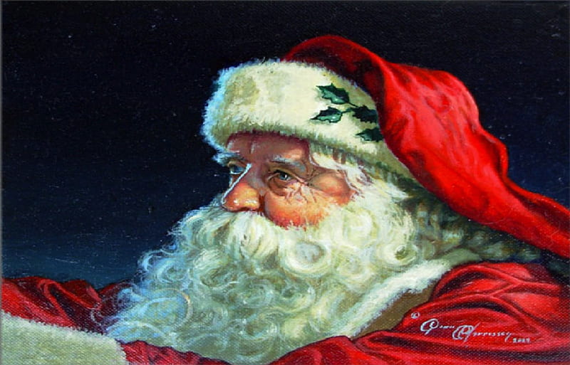 Santa Claus, santa, red suit, holly, christmas, HD wallpaper