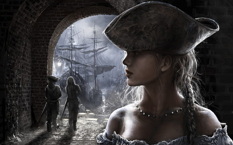 Pirate girl, art, luminos, game, black, pirate, hat, fantasy, girl, ship, dark, the thief, HD wallpaper