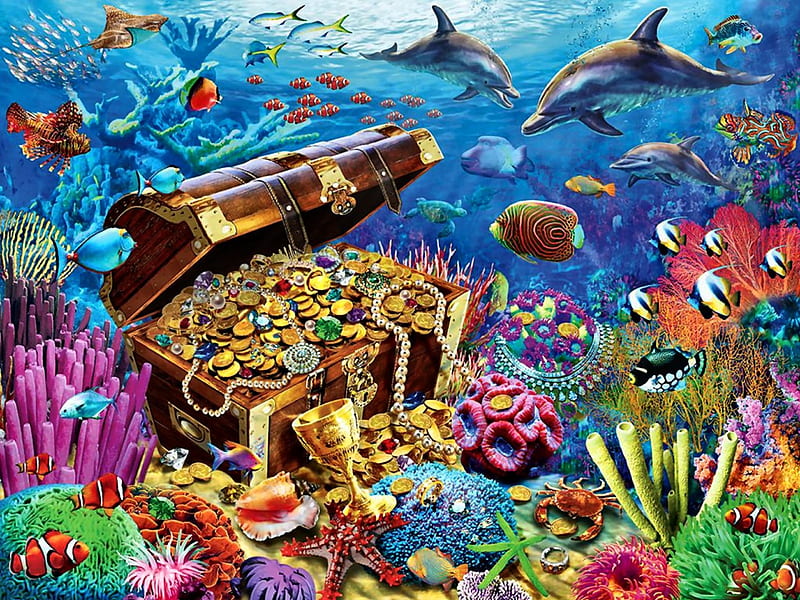 Lost Treasures F1, architecture, art, fish, coral, bonito, artwork, dolphin, painting, wide screen, treasure chest, seascape, scenery, HD wallpaper