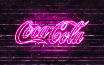 Coca-Cola purple logo purple brickwall, Coca-Cola logo, brands, Coca-Cola neon logo, Coca-Cola, HD wallpaper