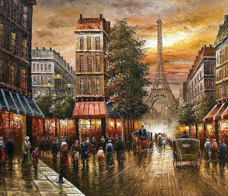 Old Times in Paris, eiffel tower, people, houses, car, painting, sunset,  streets, HD wallpaper | Peakpx