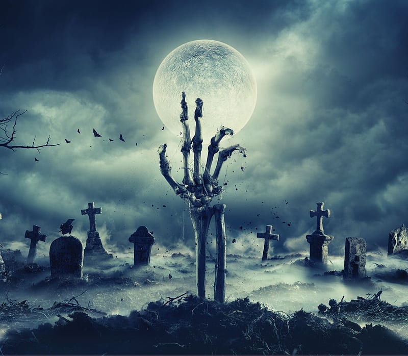 Happy Halloween!, blue, night, halloween, bones, moon, fantasy, graveyard, hand, HD wallpaper