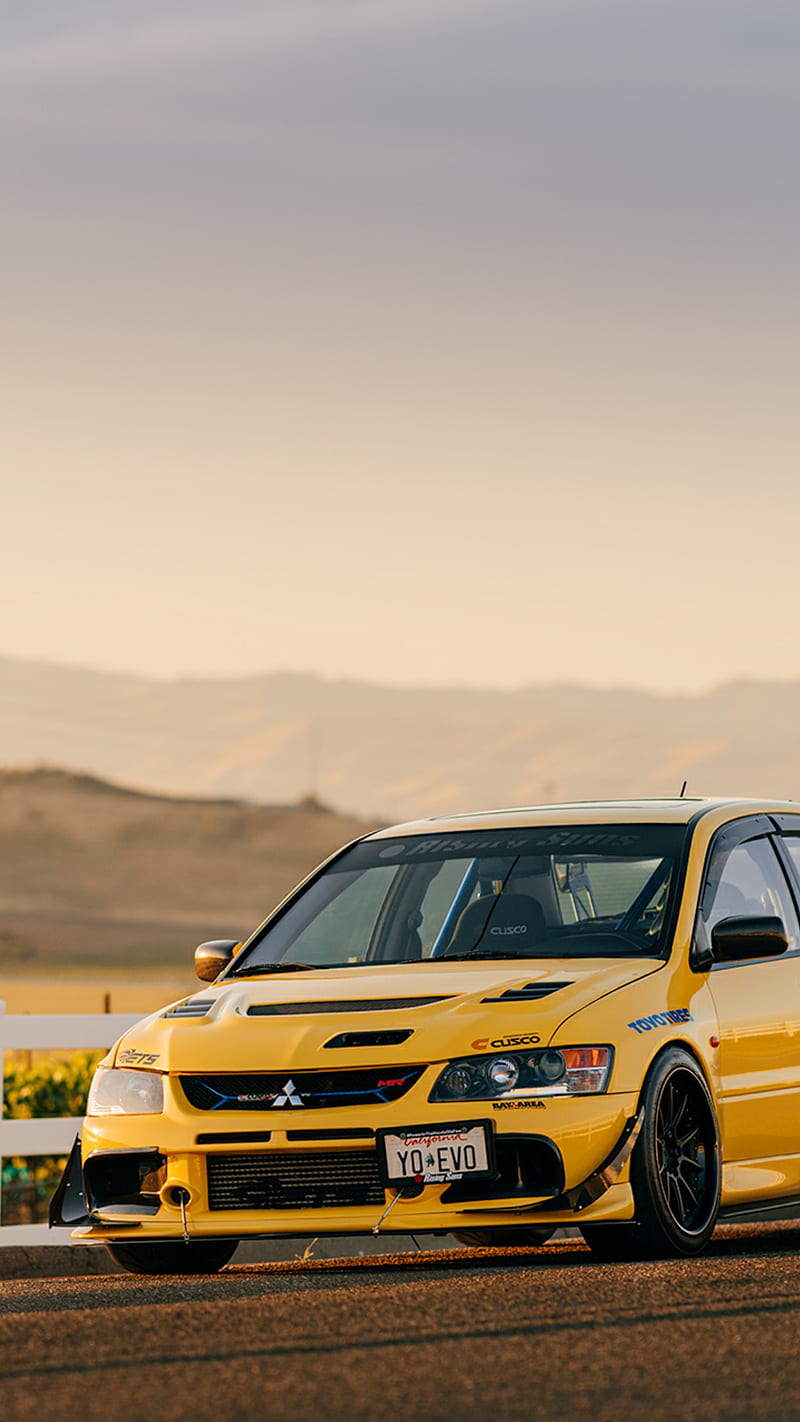 Evo IX, car, jdm, lancer, sunset, yellow, HD phone wallpaper