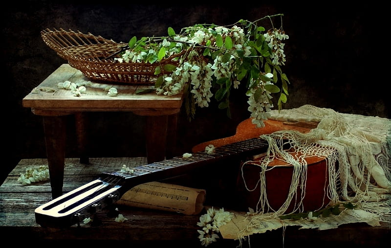 Wisteria Melody, table, shawl, still life, white fringe, basket, flowers, musical instrument, HD wallpaper
