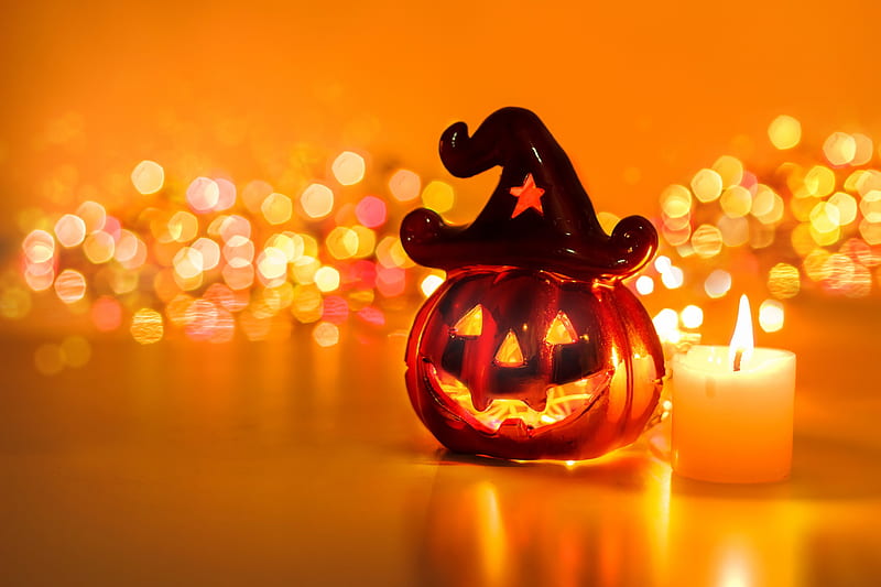 Jack-O-Lantern, candle, still life, jack o lantern, pumpkin, Halloween, witches hat, hat, HD wallpaper