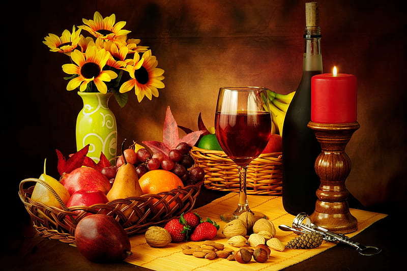 Still life, Basket, Wine, Fruits, Bottle, Flowers, Candle, HD wallpaper