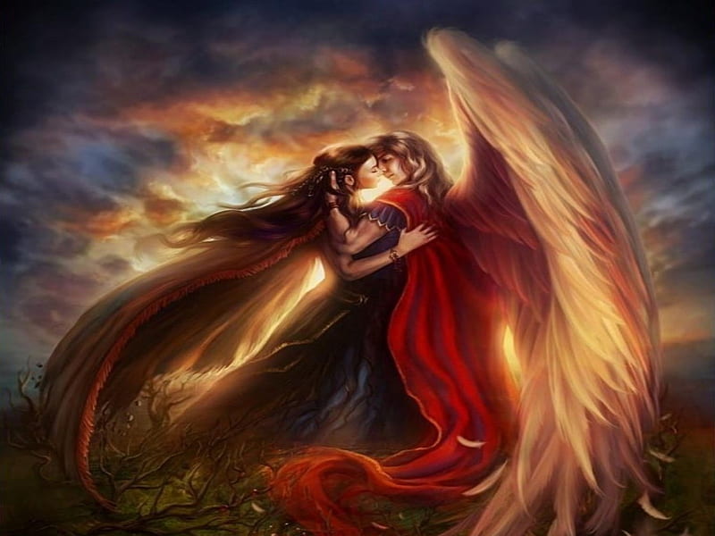 KISS, red, innocence, kissing, sunset, woman, clouds, fantasy, love, flowing robes, long hair, embrace, female, wings, male, romance, pure love, angel, man, sky, fire, girl, passion, HD wallpaper