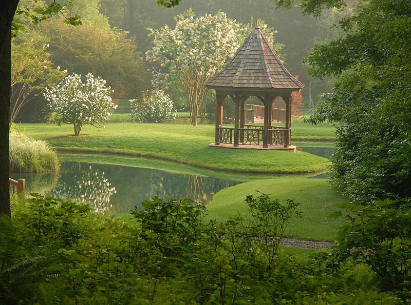 European gazebo., tree, bridge, grass, path, park, gazebo, lake, HD ...