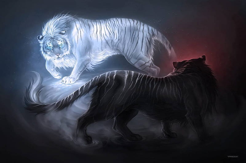 Fight of tigers, art, tigers, abstract, fire, fantasy, wild, ice, fight, HD wallpaper