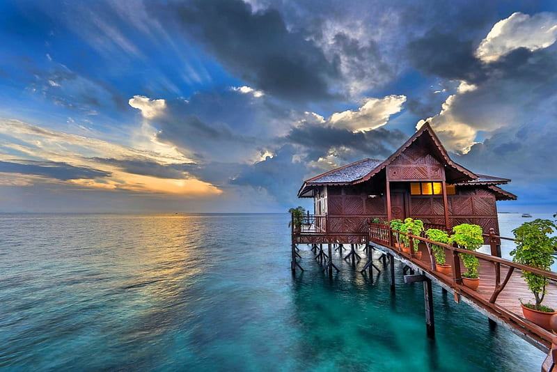 Tropical House At Sunrise, lovely, ocean, travel, turquoise water, dream house, bonito, sky, clouds, Sabah, beach, paradise, sunrise, tropical, HD wallpaper