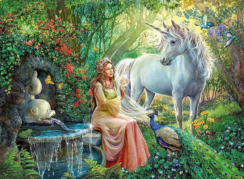 Magical ring, luminos, unicorn, pasare, peacock, horse, fantasy, green, girl, bird, paun, white, HD wallpaper