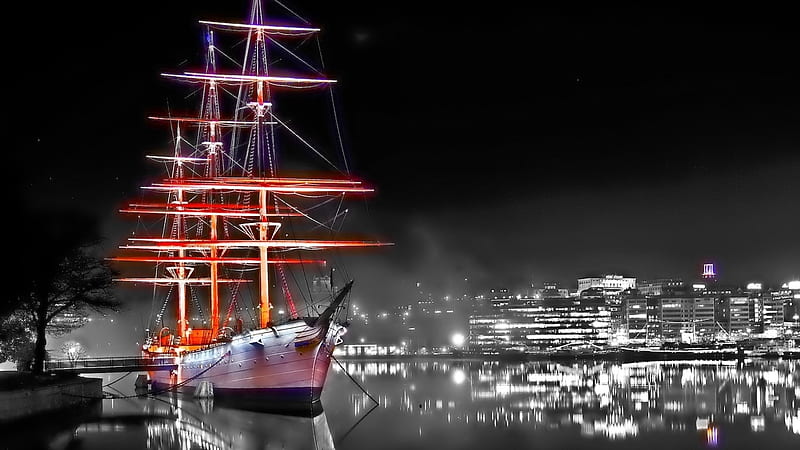 Light Display, boat, ship, lights, mast, river, colours, HD wallpaper