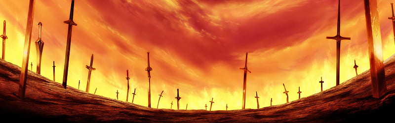 Blade Works, swords, dual monitor, dual screen, sunset, red sky, battlefield, landscape, HD wallpaper