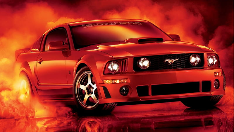 Smokin' Wildfire, Ford, Red, Orange, Spoiler, Front End, Rims, Fire, Tinted Windows, Horse, Headlights, Smokin, Mirrors, Sleek, Stang, Flames, Fast Back, Vents, HD wallpaper
