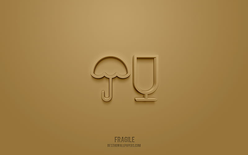 Fragile 3d icon, brown background, 3d symbols, Fragile, Mail icons, 3d icons, Fragile sign, Mail 3d icons, HD wallpaper